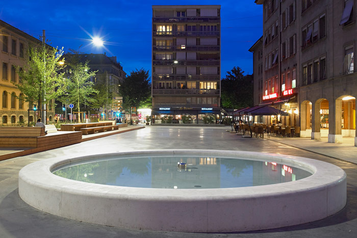 필립스 도시 경관 조명으로 멋진 미관을 자랑하는 스위스 제네바의 광장 